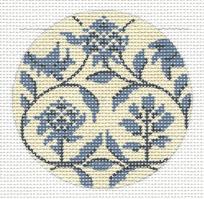 Kelly Clark round needlepoint canvas with blue toile design