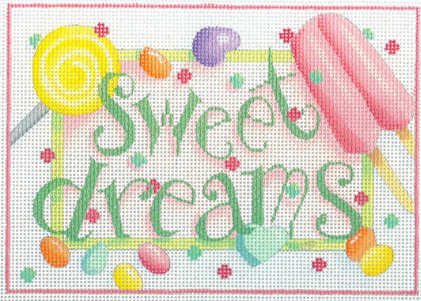 Associated Talents needlepoint canvas of 'Sweet Dreams' text with candy-themed border