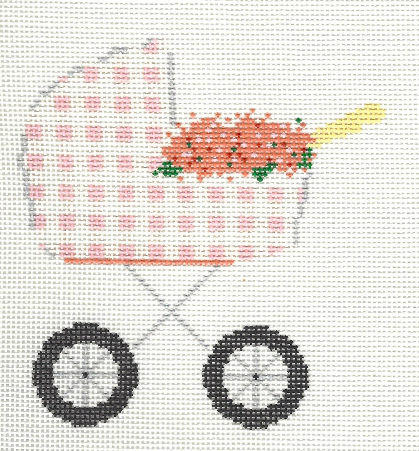 Stitch Style needlepoint canvas of a baby carriage with pink hydrangeas