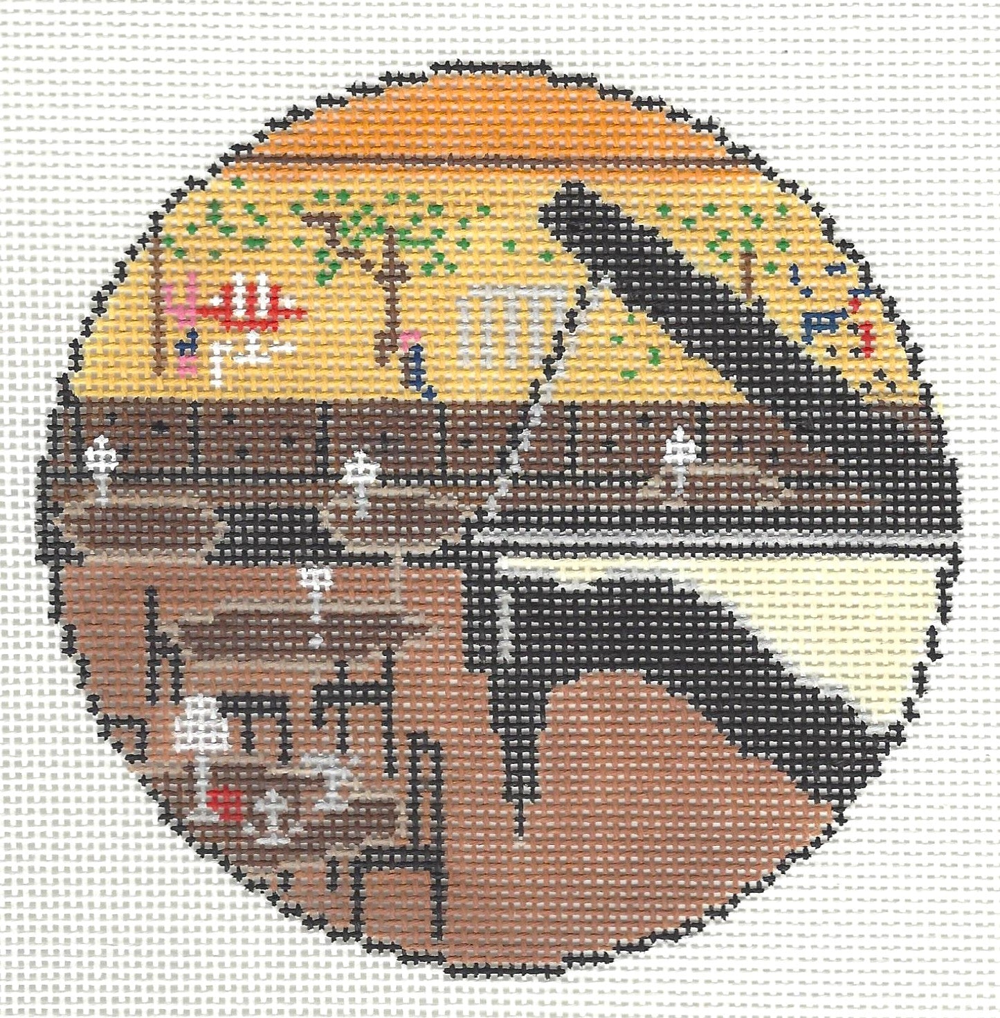 Stitch Style round needlepoint canvas of Bemblmans Bar at the Carlyle