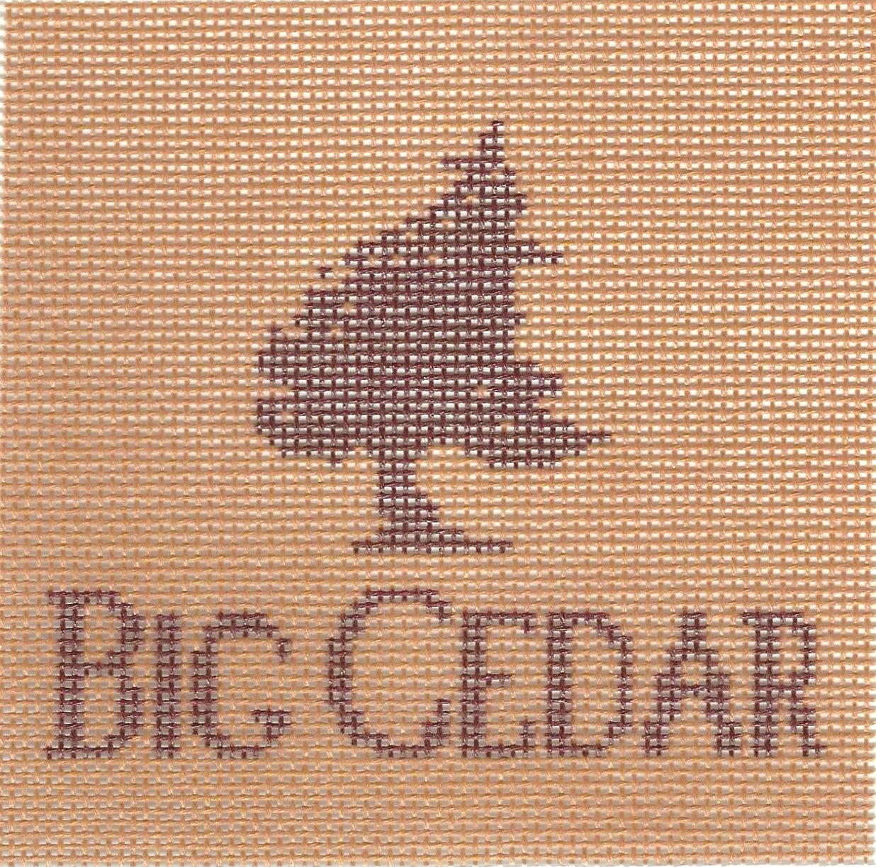 Krissy Johnson needlepoint canvas of a tree silhouette and 'Big Cedar' text on light brown background