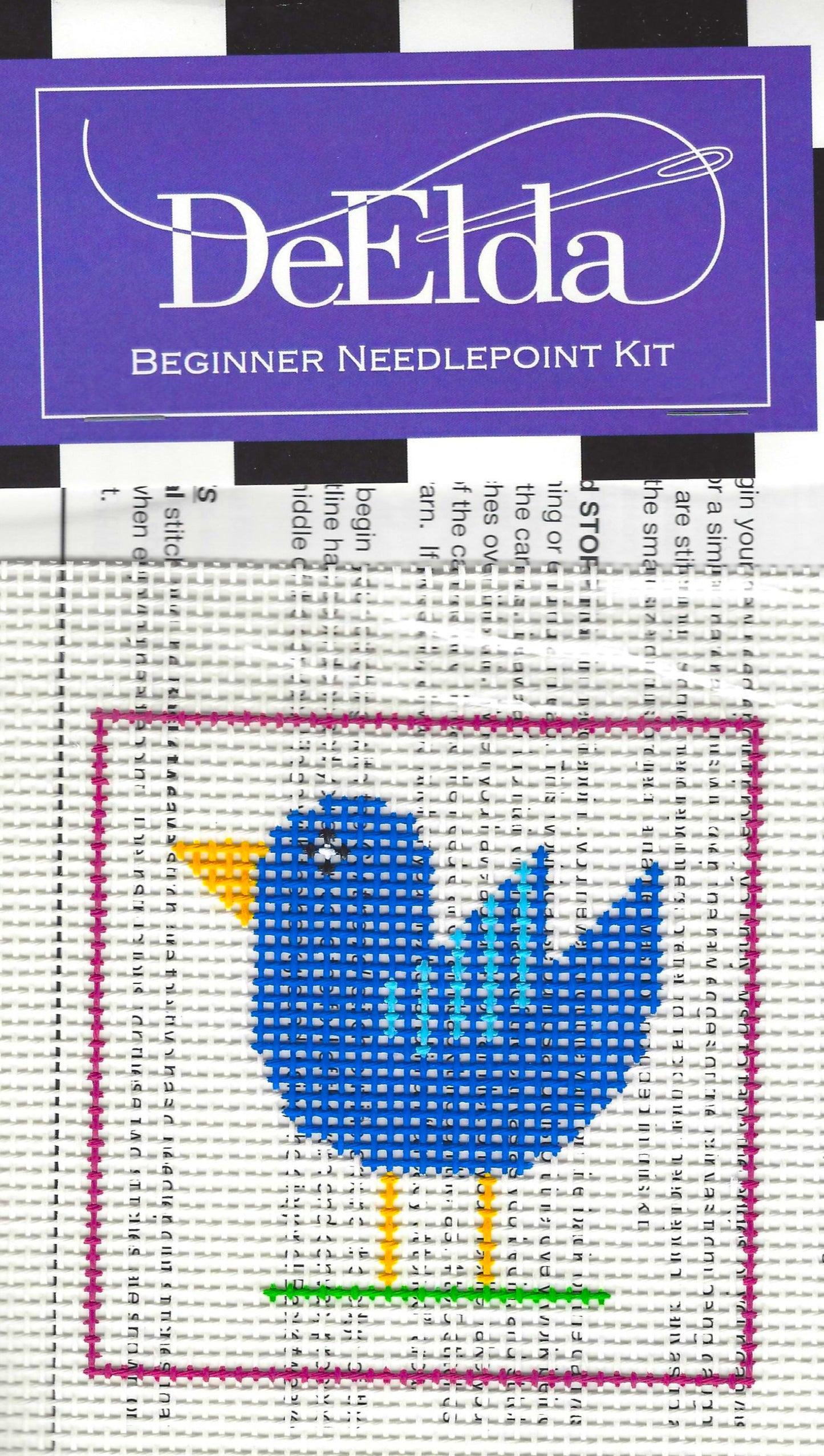 DeElda beginner needlepoint kit with a blue bird on a white background