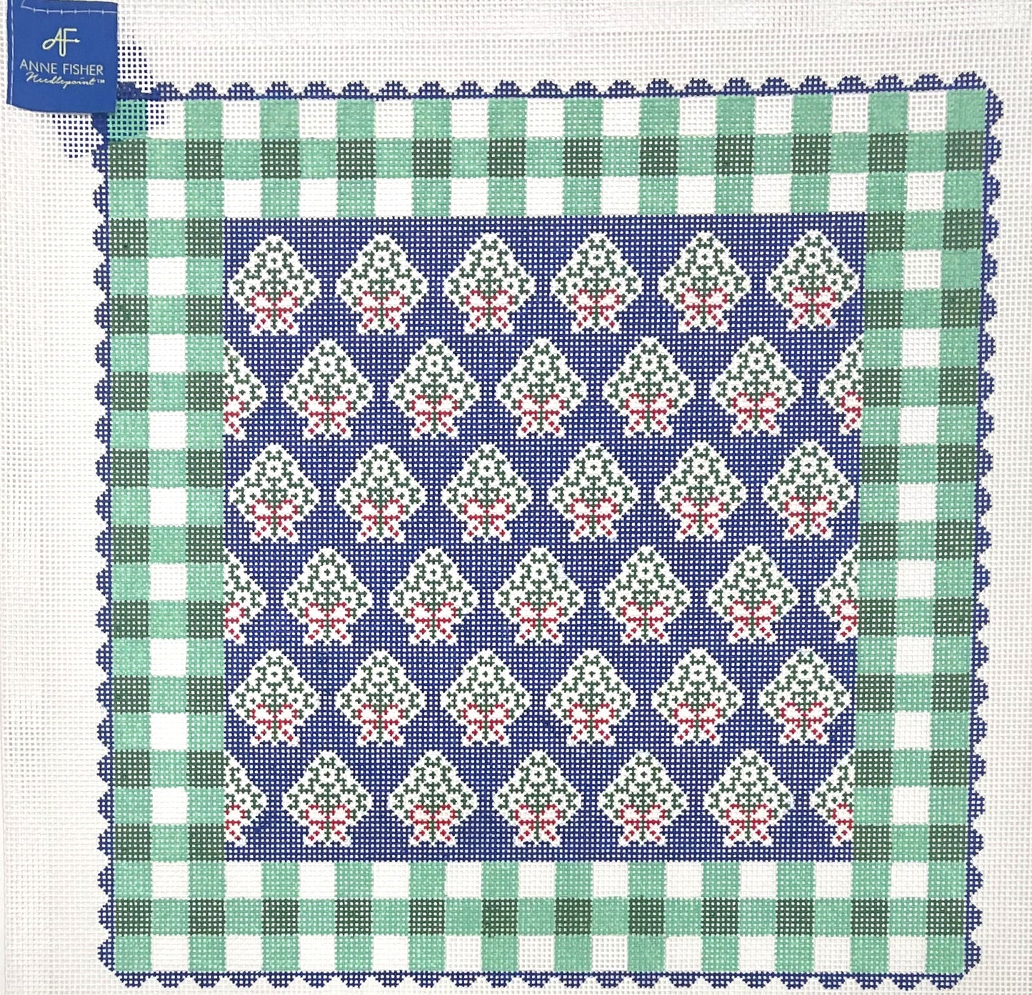 Blue Holiday Pillow with Green Gingham