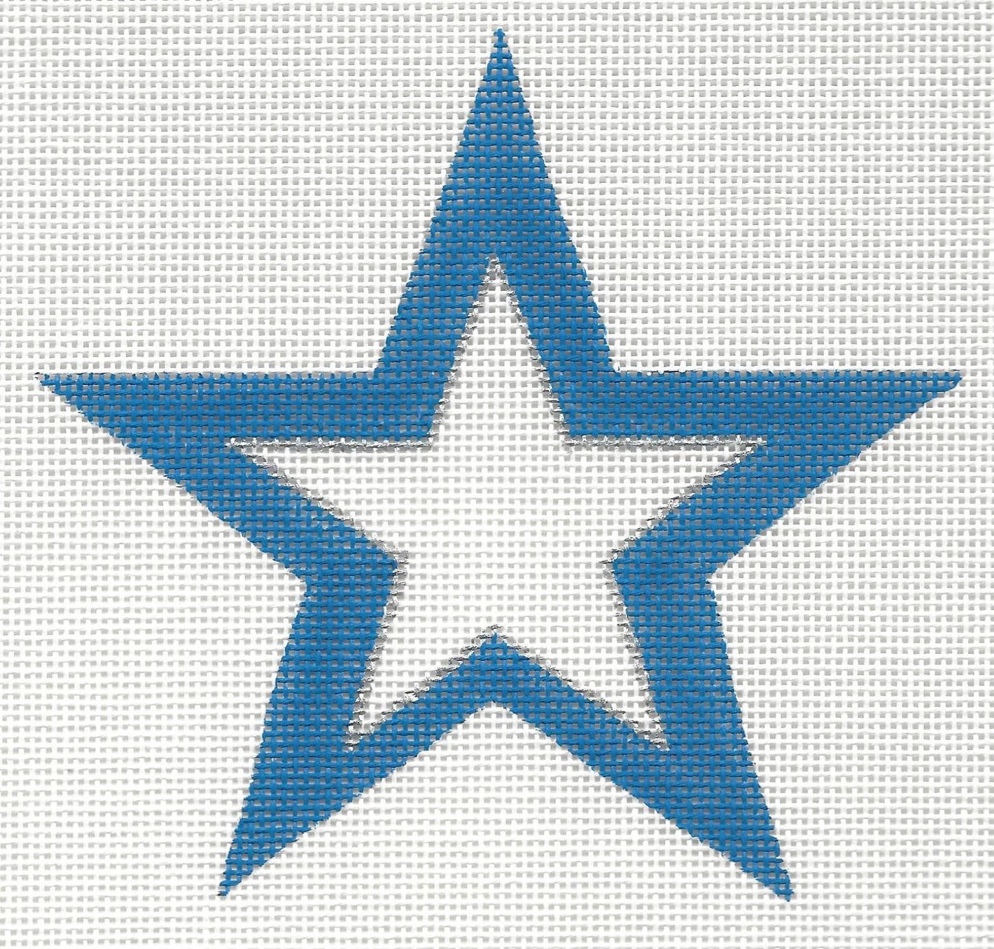 Raymond Crawford Designs needlepoint canvas of white star in center with thin silver outline and a thick blue outline design.