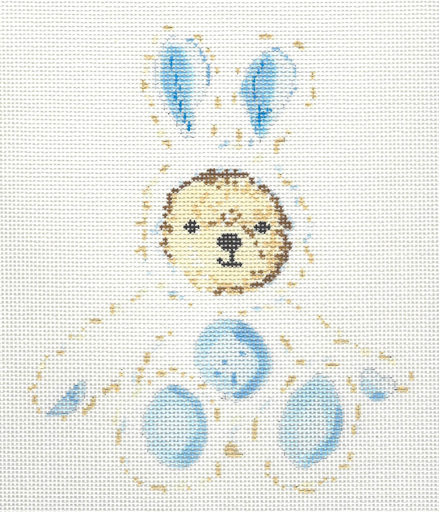 Blueberry Point Canvas needlepoint canvas of a teddy bear wearing white and blue bunny costume