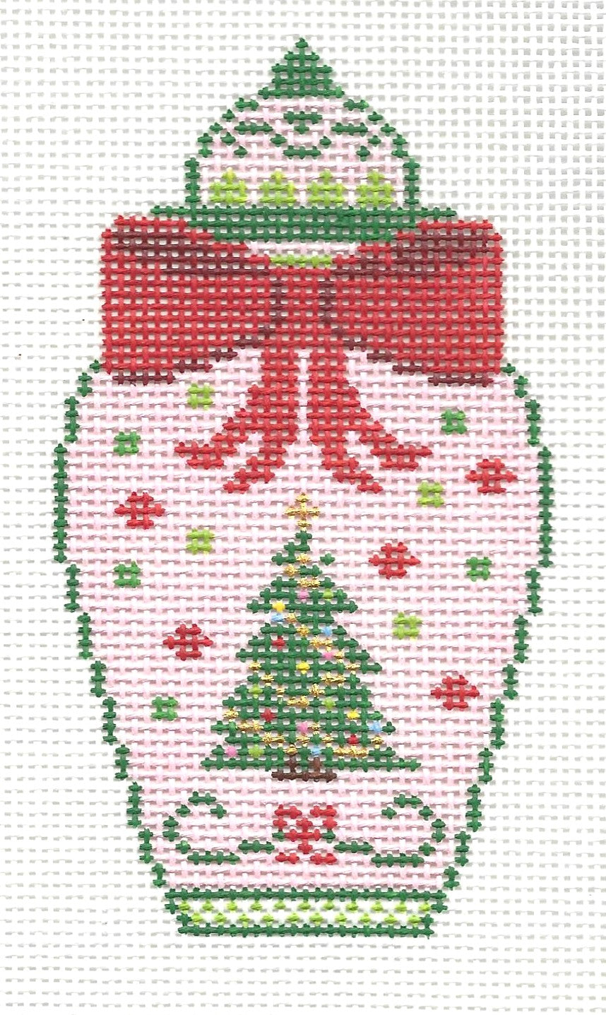 Jessica Tongel Designs needlepoint canvas of ginger jar with Christmas theme