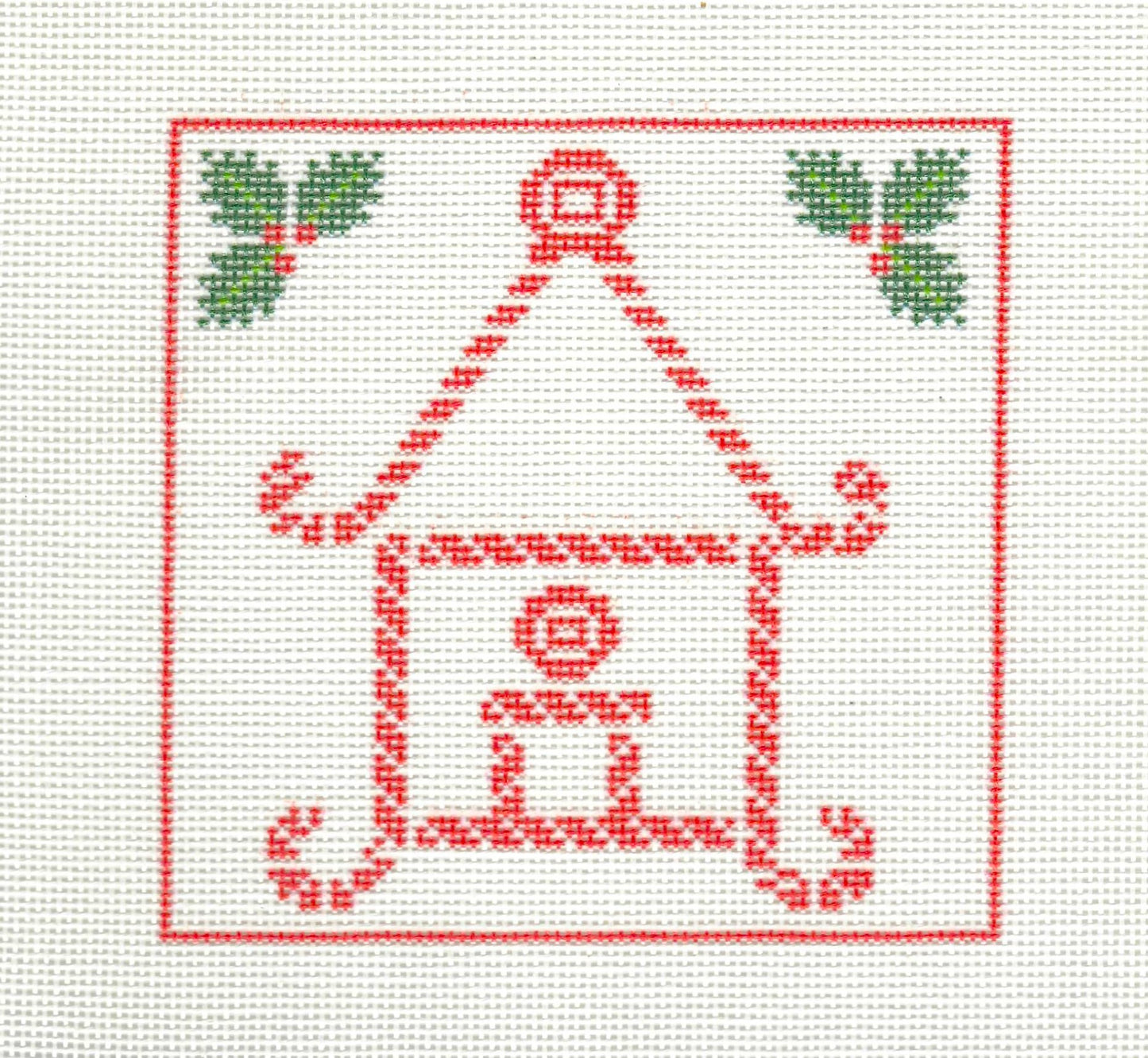 KCN Designers needlepoint canvas of a red candy cane pagoda with holly leaves on a white background