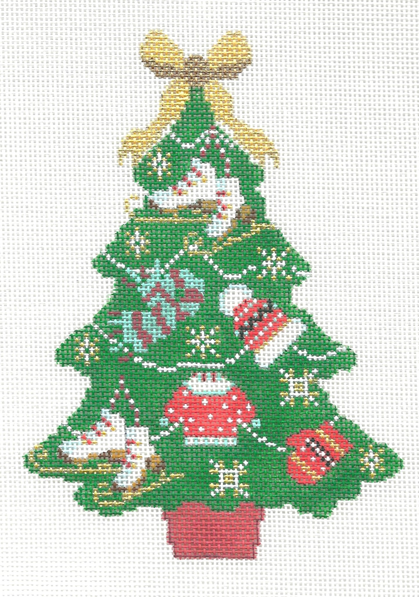 Kirk & Bradley needlepoint canvas of decorative Christmas tree with ornaments and a gold bow on top