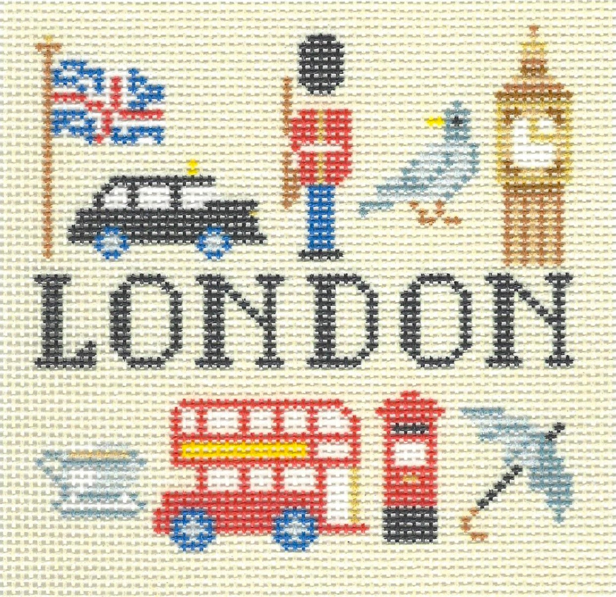 Kirk & Bradley coaster needlepoint canvas of London-themed elements with text 'LONDON' in center