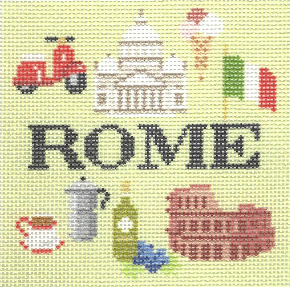 Kirk & Bradley coaster needlepoint canvas of Roman-themed landmarks and elements with text 'ROME' in the center