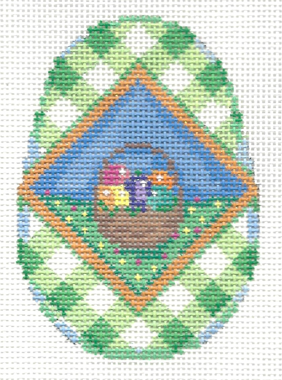 Associated Talents needlepoint canvas of colorful scene with egg basket on a gingham background shaped like an egg