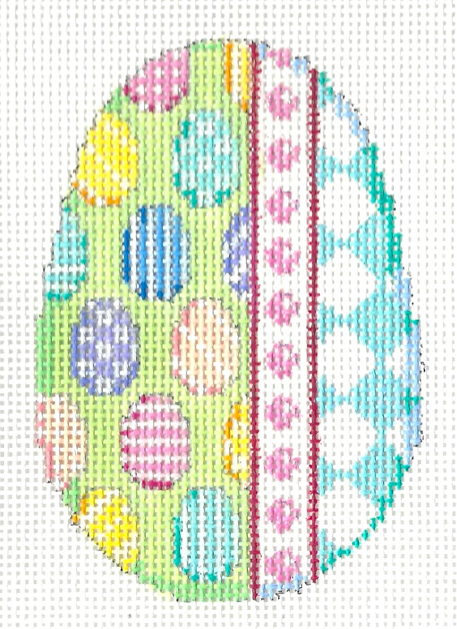 Associated Talents needlepoint canvas of a decorative Easter egg with colorful designs including "dots" that look like eggs