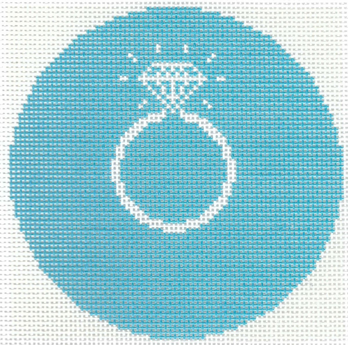 Needlepaint circular needlepoint canvas featuring a white diamond ring design in the center, set against light blue background.