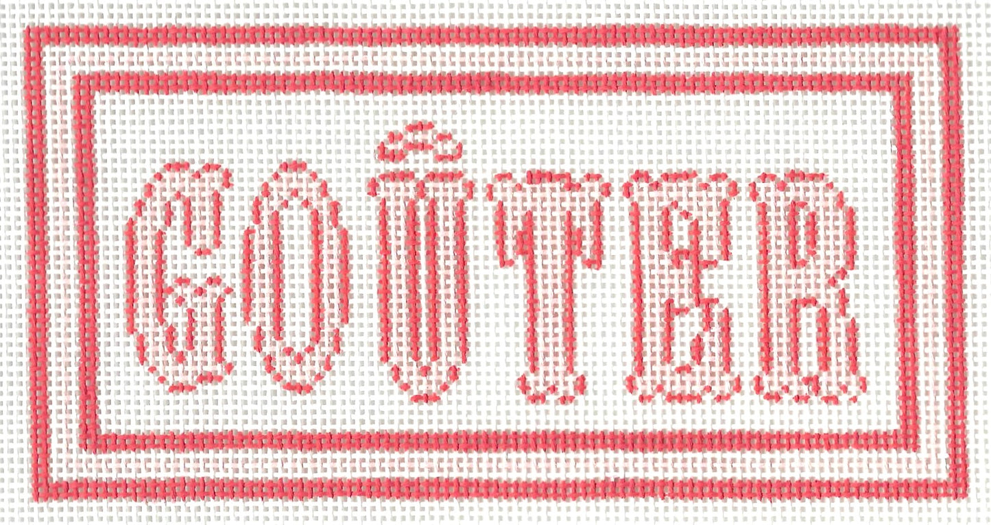 M F Needlepoint canvas of the word 'Gouter' framed by a red border on a white background