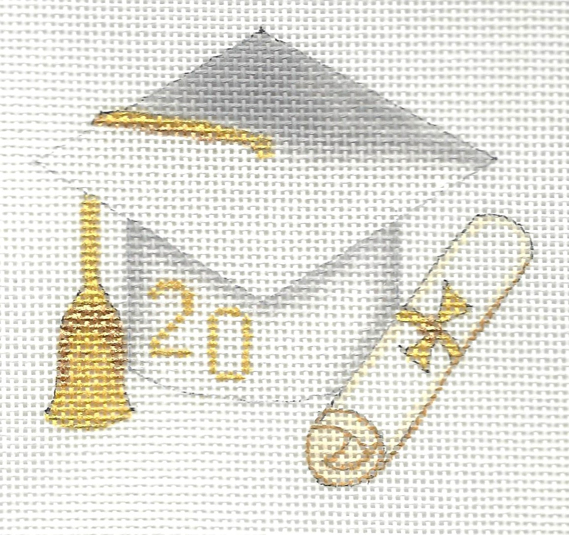 Burnett & Bradley needlepoint canvas of white graduation cap tassel and a scroll on a white background