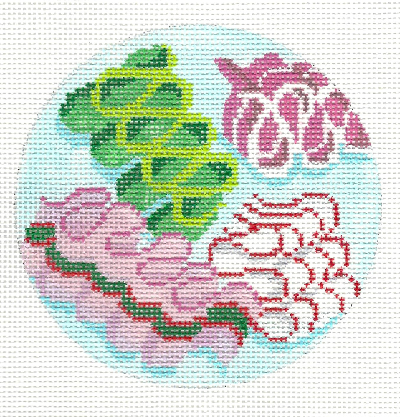 Blueberry Point Canvas round needlepoint canvas of holiday ribbon candy