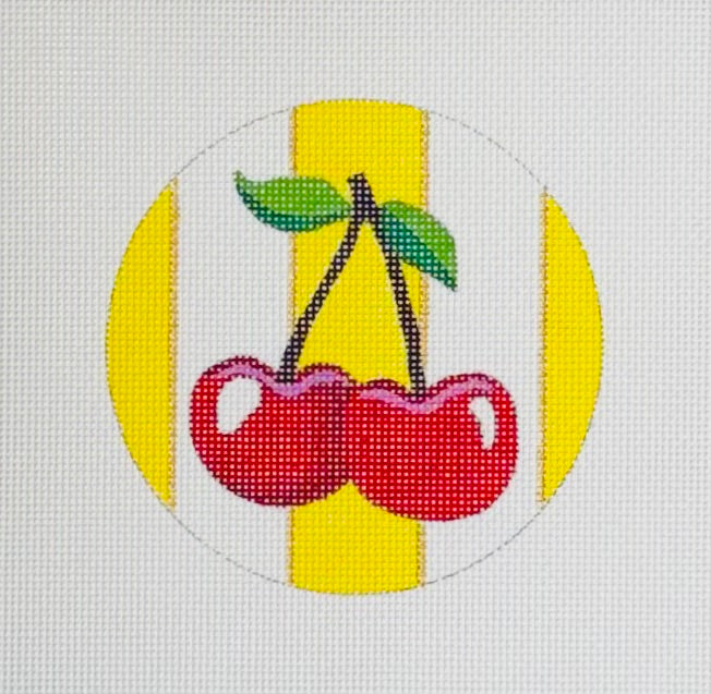 Cherries on Yellow Stripes - Round