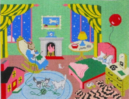 Silver Needle needlepoint canvas of Goodnight moon green room scene