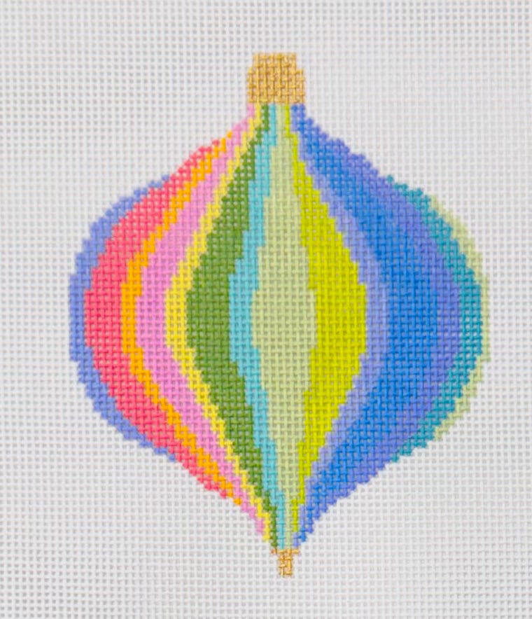 Elizabeth Crane Swartz needlepoint canvas of multicolor vertically-striped bauble