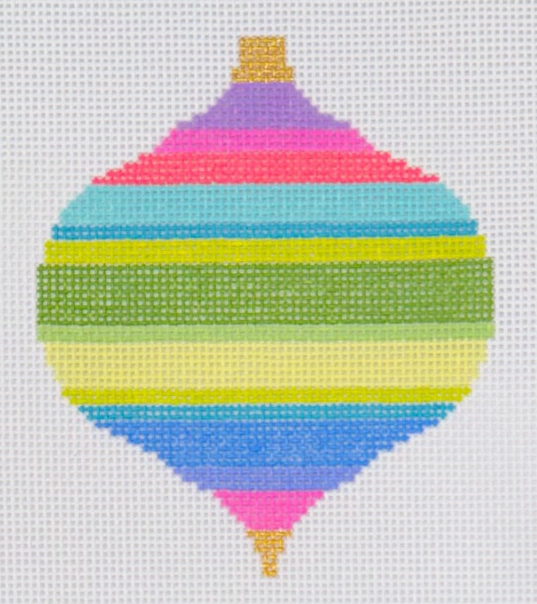 Elizabeth Crane Swartz needlepoint canvas of multicolor horizontally-striped bauble