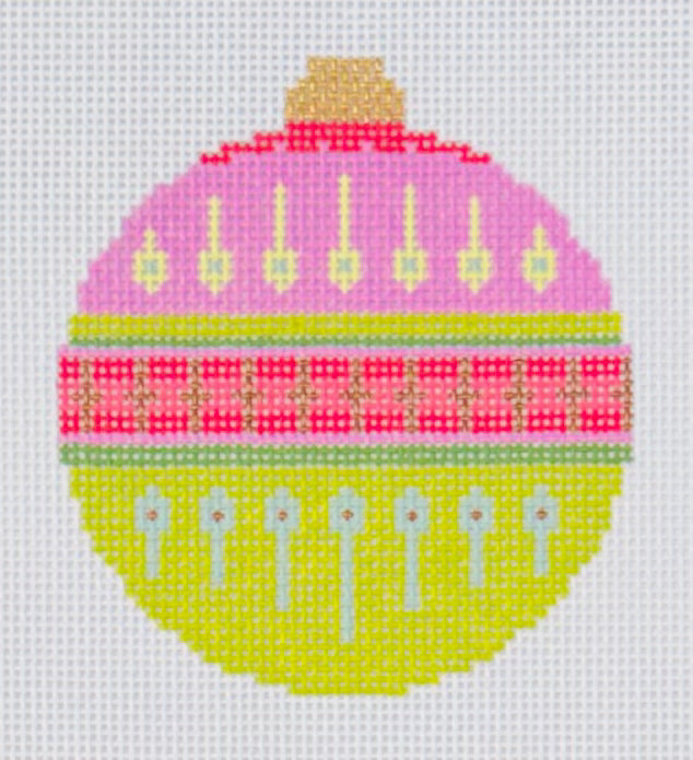 Elizabeth Crane Swartz needlepoint canvas of pink round bauble