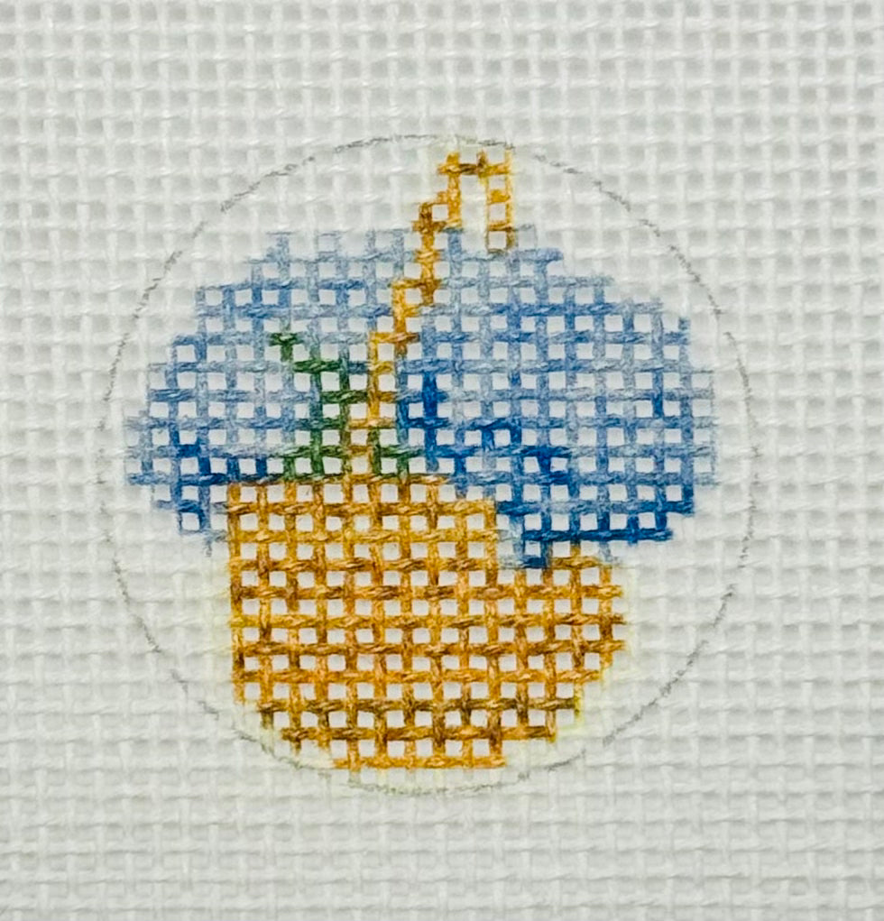 Tilli Tomas Planet Earth key fob insert needlepoint canvas of basket with blue hydrangeas