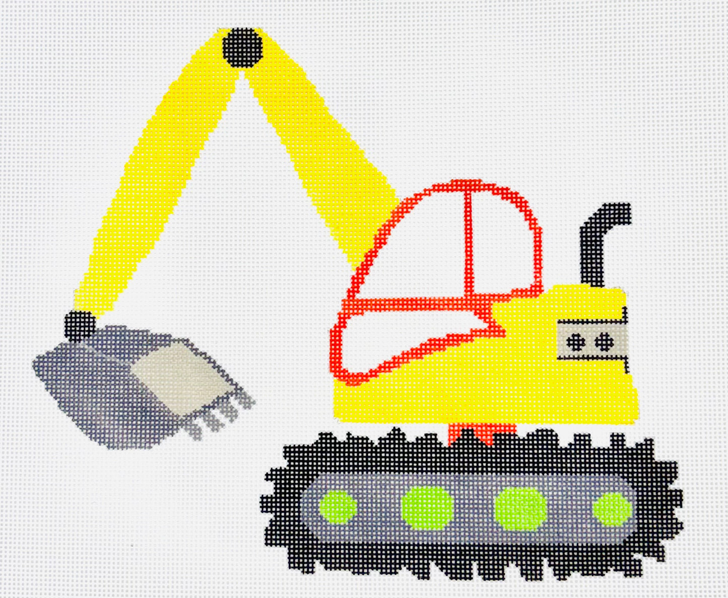 A Stitch in Time needlepoint canvas of yellow excavator on a white background