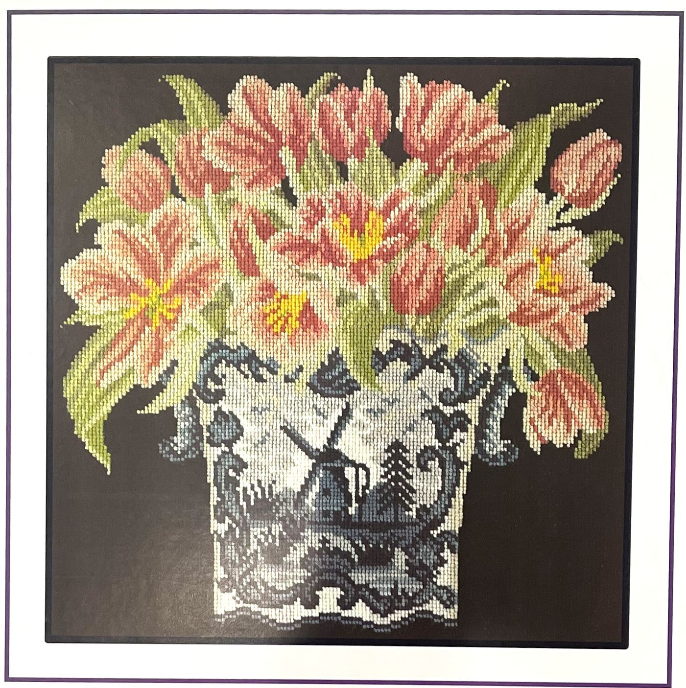 Elizabeth Bradley flower pot collection tapestry kit - dutch tulips (black background)