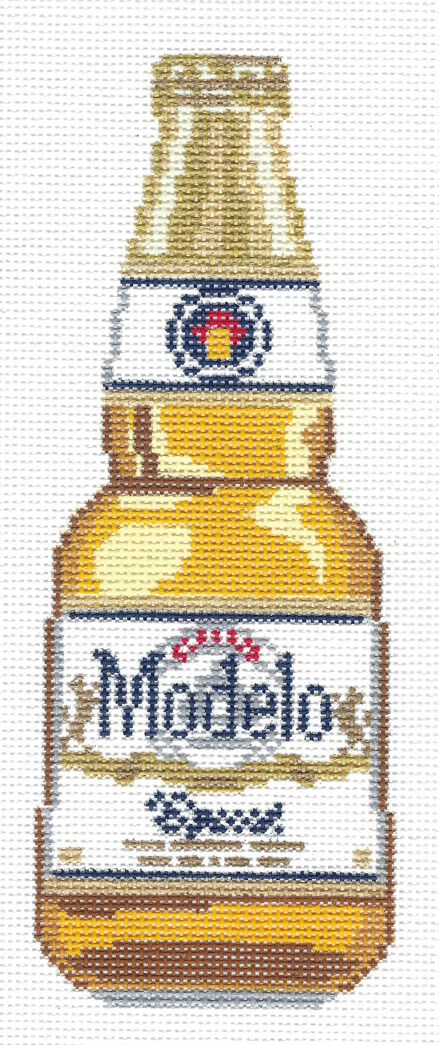 Lauren Bloch needlepoint canvas featuring a Modelo Especial beer bottle, on a white background.