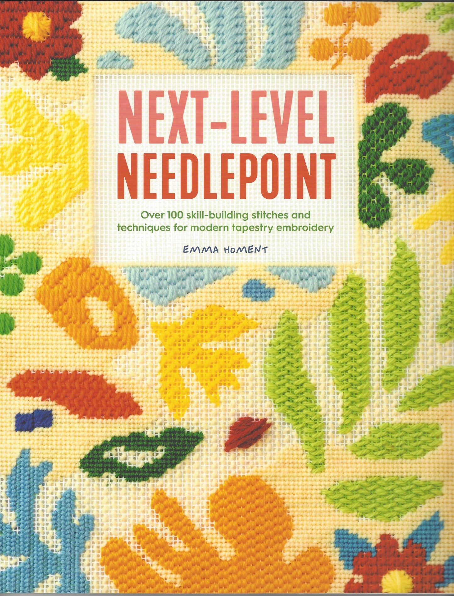 Book cover of 'Next Level Needlepoint' by Emma Homent with needlepoint design and text.