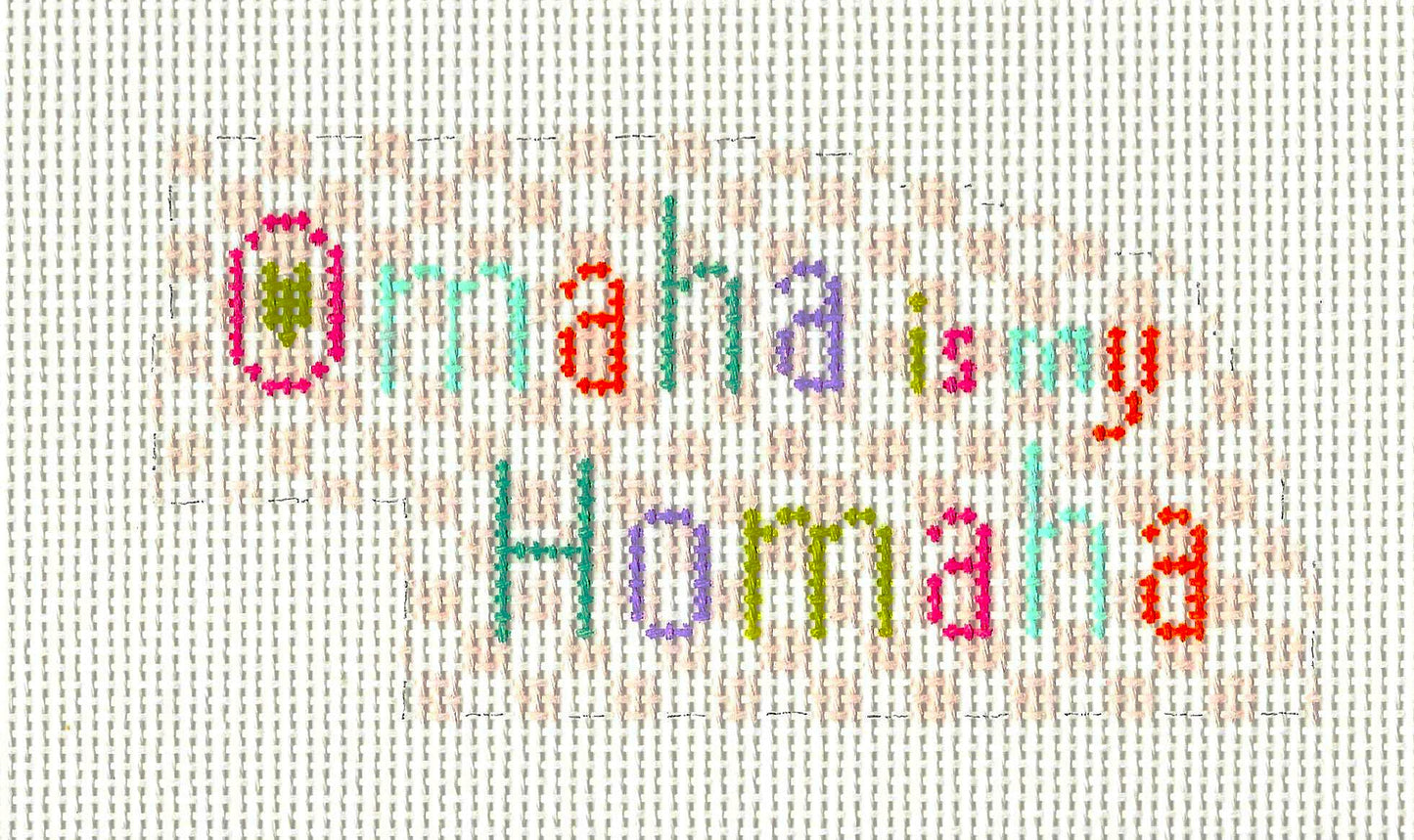 Stitch Rock needlepoint canvas of outline of stat of Nebraska with text 'Omaha is my Homaha' in multicolor text