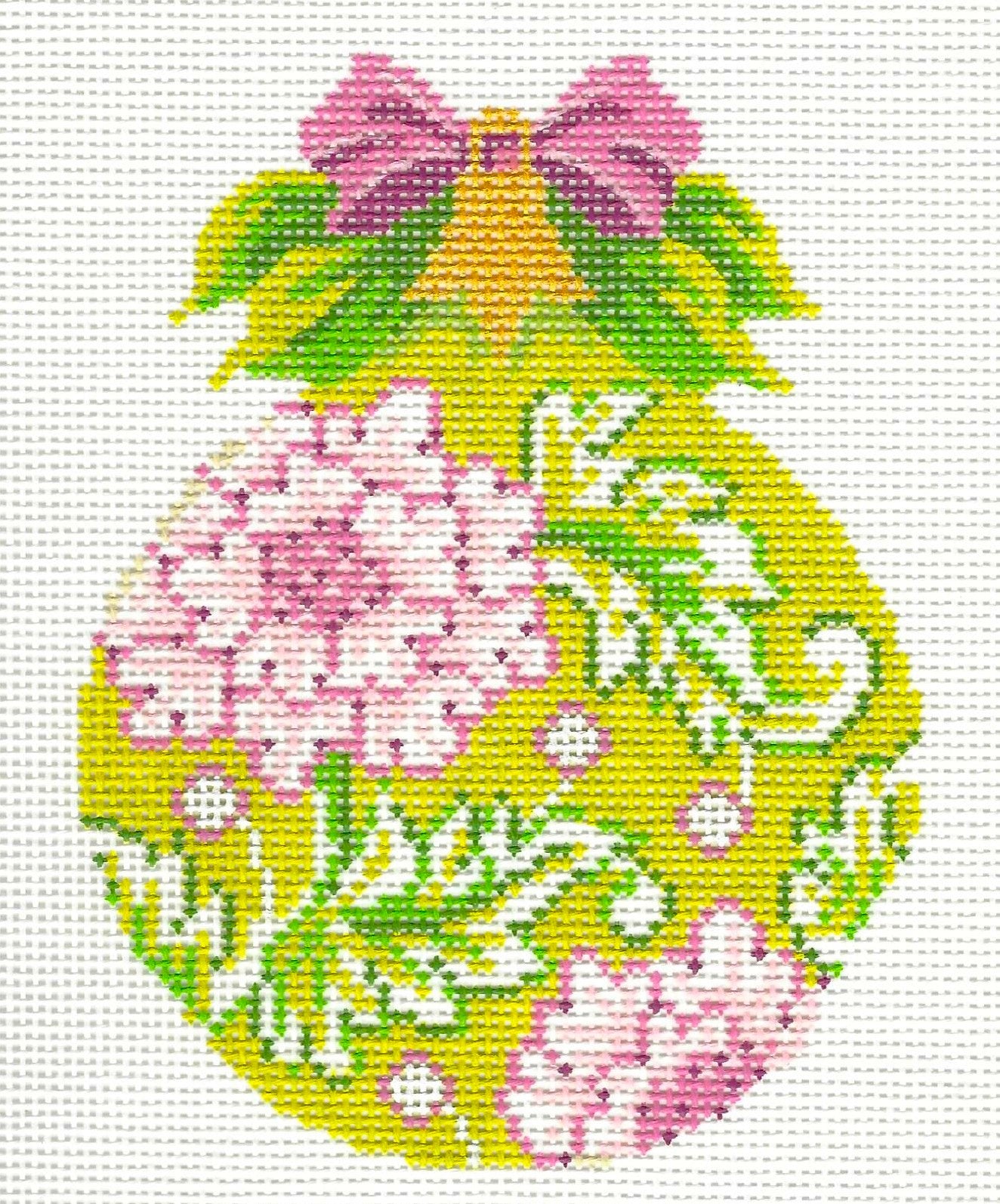 Kelly Clark needlepoint canvas of ornament with green & pink floral pattern