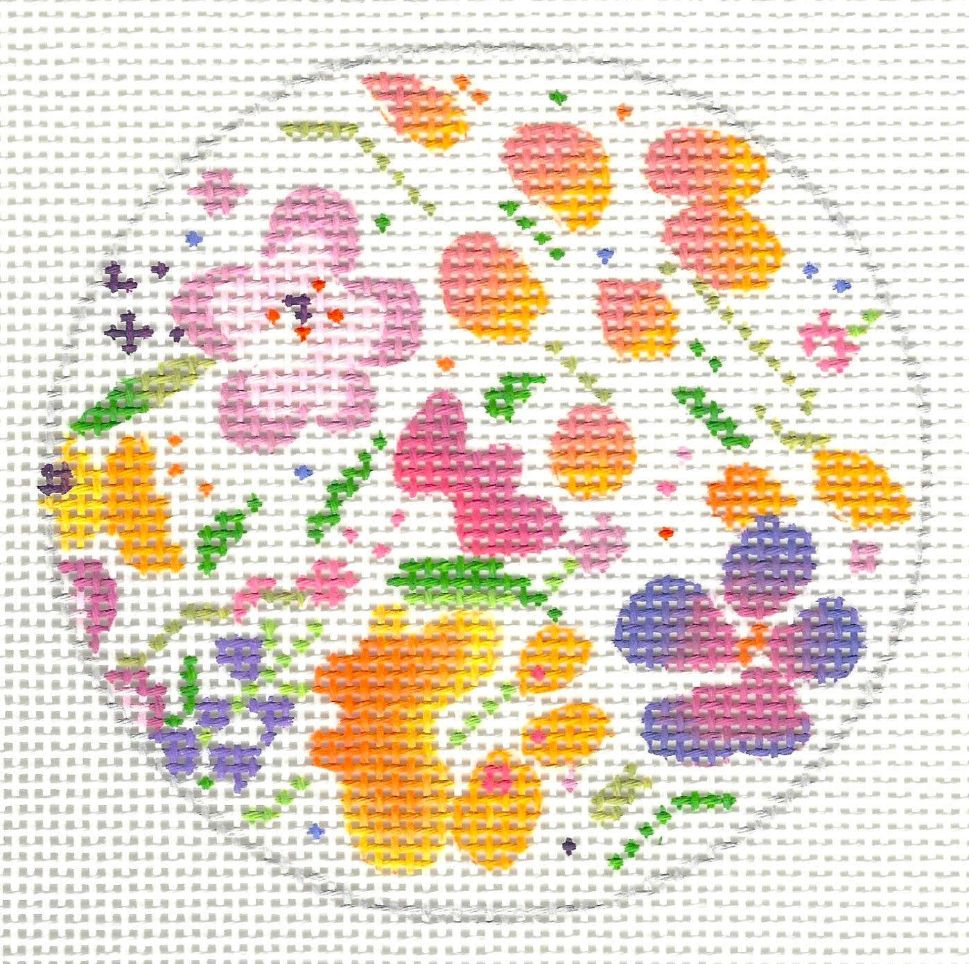 Blueberry Point Canvas round needlepoint canvas of colorful, preppy floral pattern