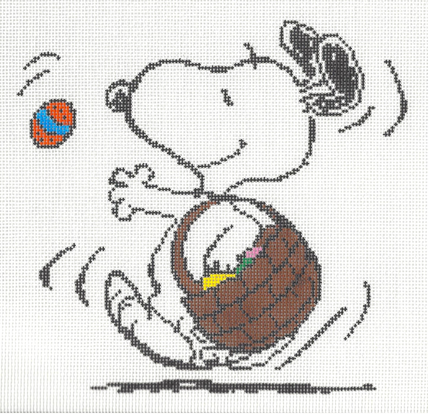 Officially Needlepoint canvas of Snoopy dancing with Easter basket of eggs