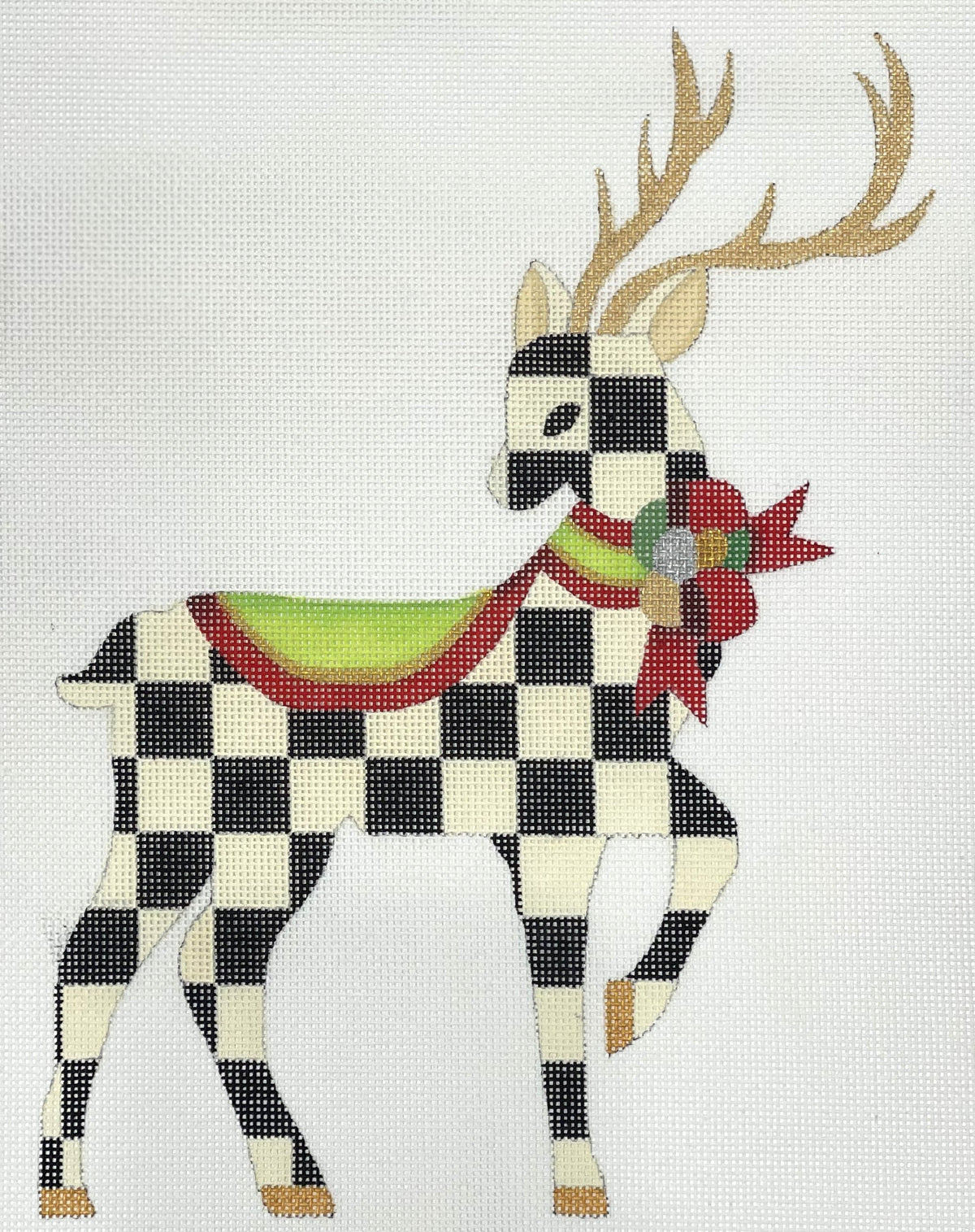 Raymond Crawford Designs needlepoint canvas of black and white checkered reindeer with festive bow on a white background