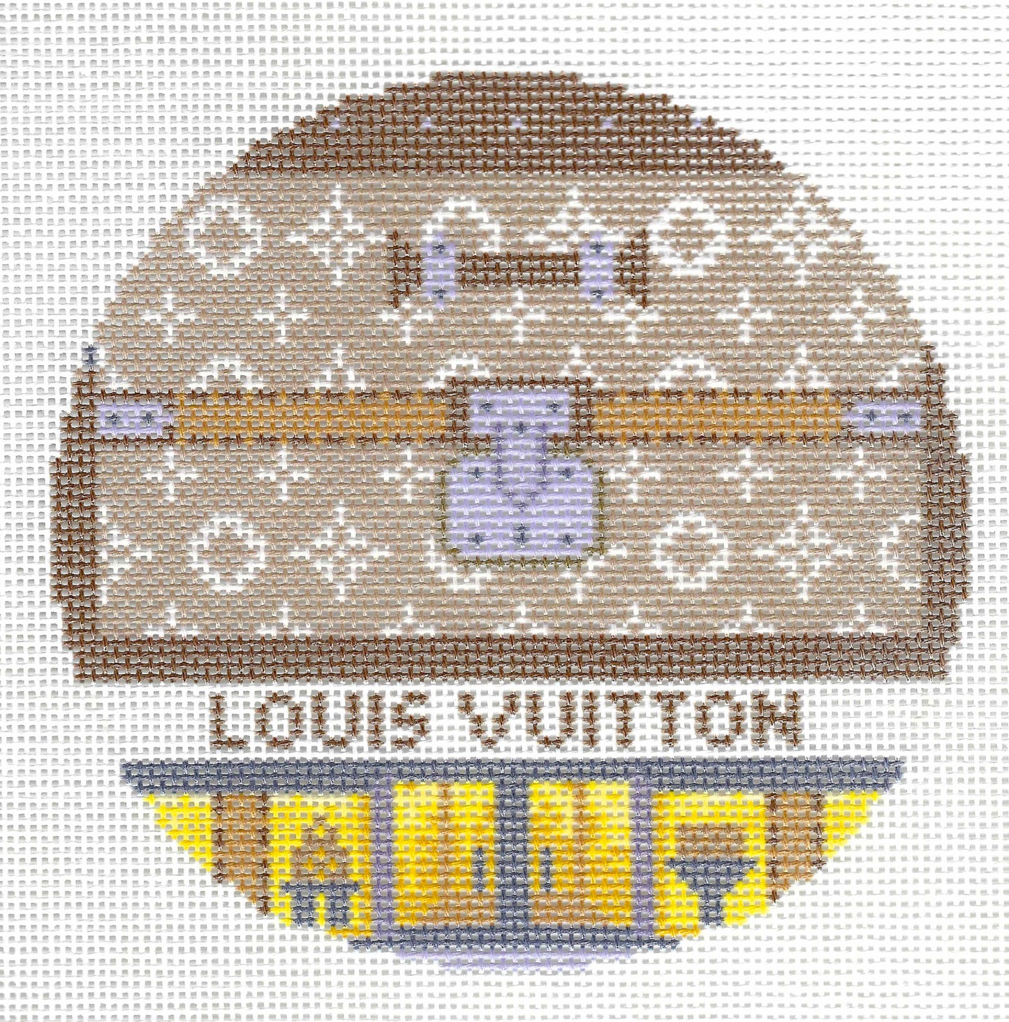 Gingham Stitchery needlepoint canvas of Louis Vuitton-themed storefront design featuring a brown monogrammed motif with a central padlock and a yellow-and-blue doors with 'LOUIS VUITTON' text.