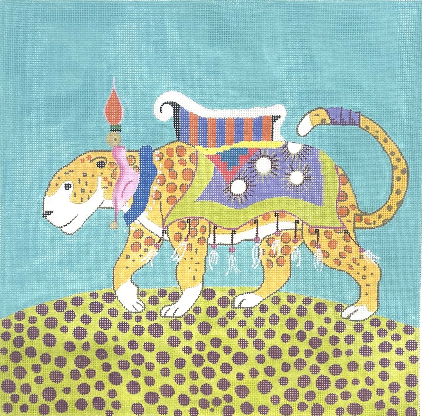 Colors of Praise needlepoint canvas of a colorful embroidered design of a leopard on a blue background