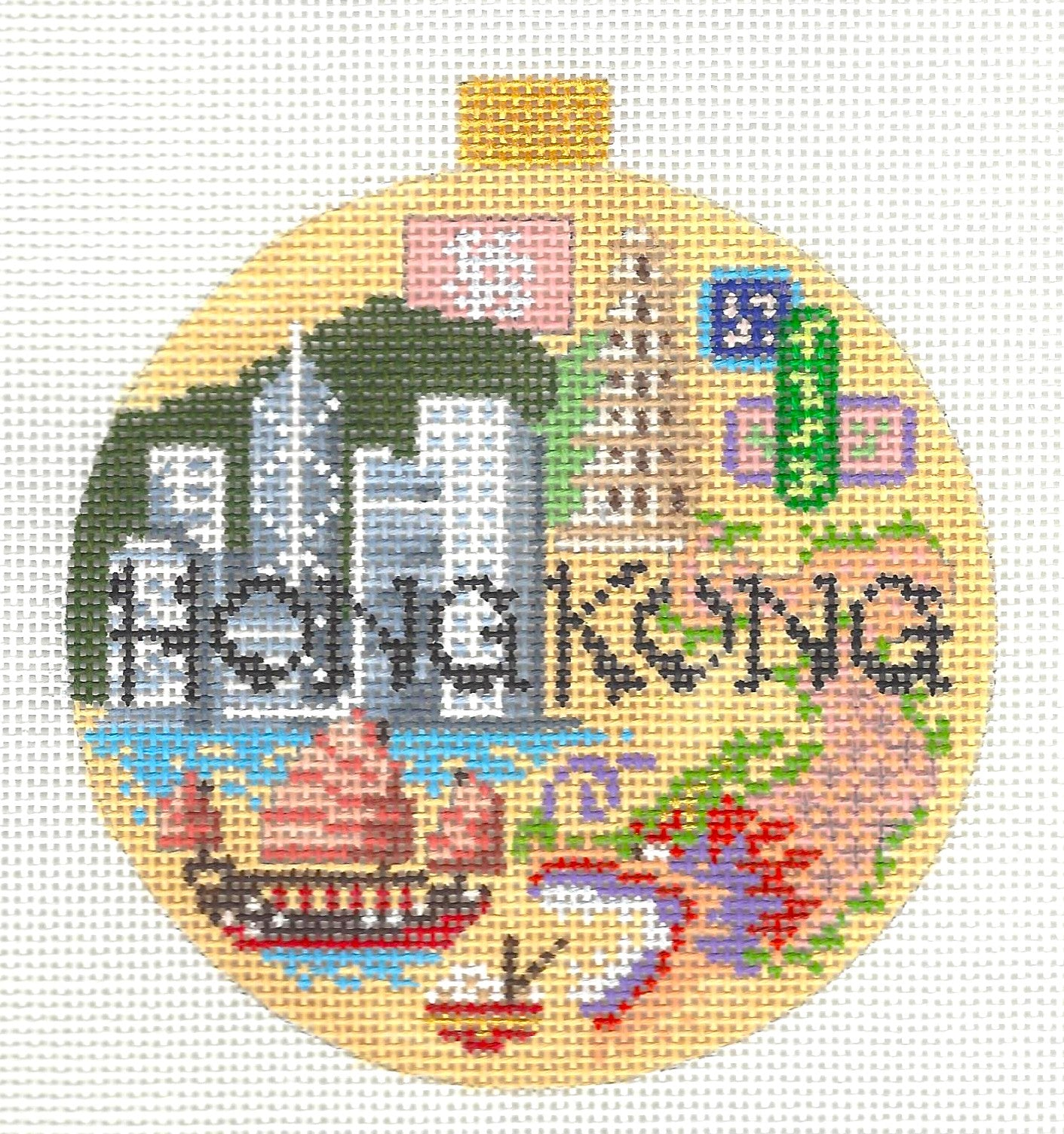 Kirk & Bradley round ornament needlepoint canvas with 'Hong Kong' text and cityscape elements.