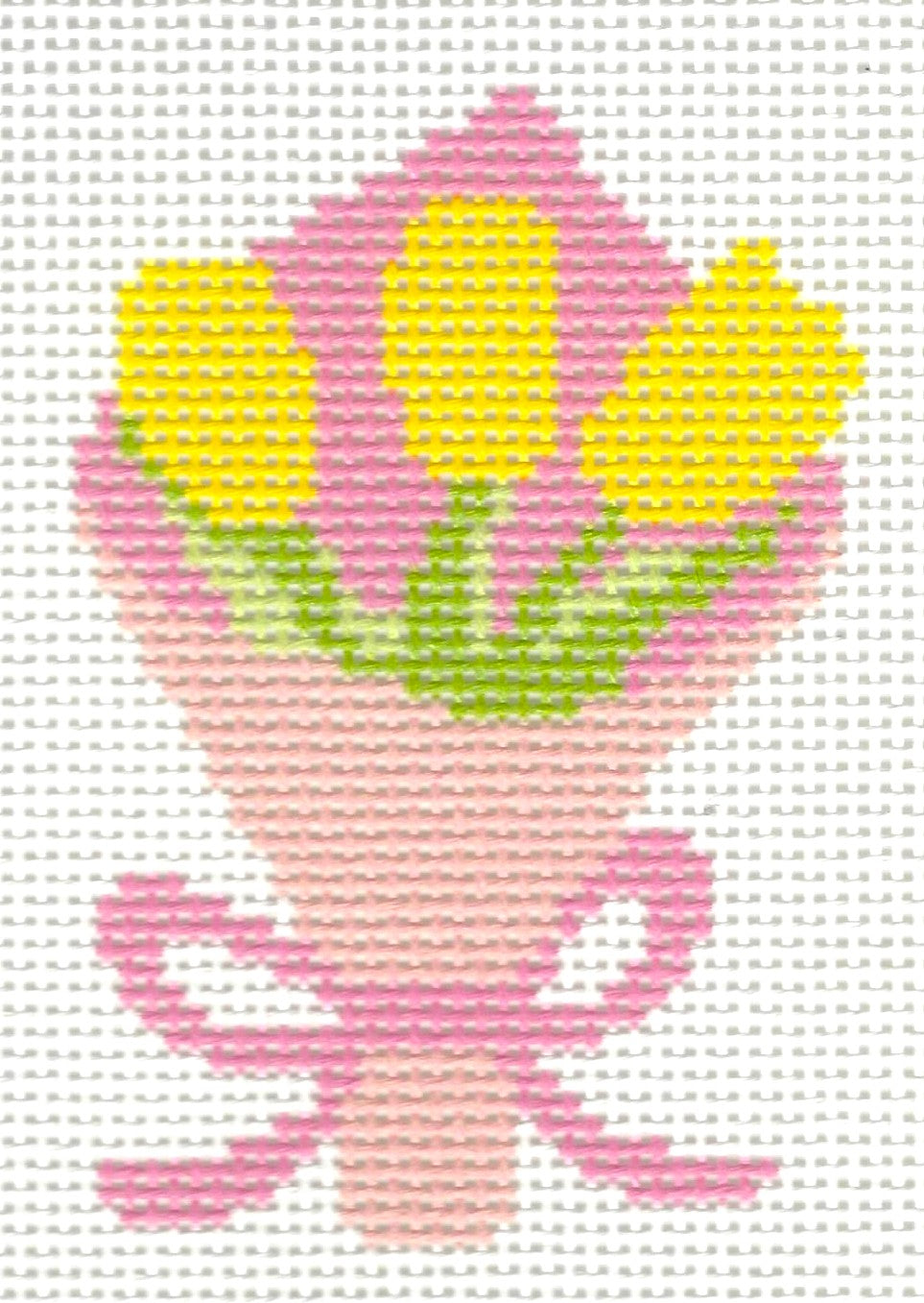 KCN Designers needlepoint canvas of yellow tulips wrapped in pink paper with a pink bow