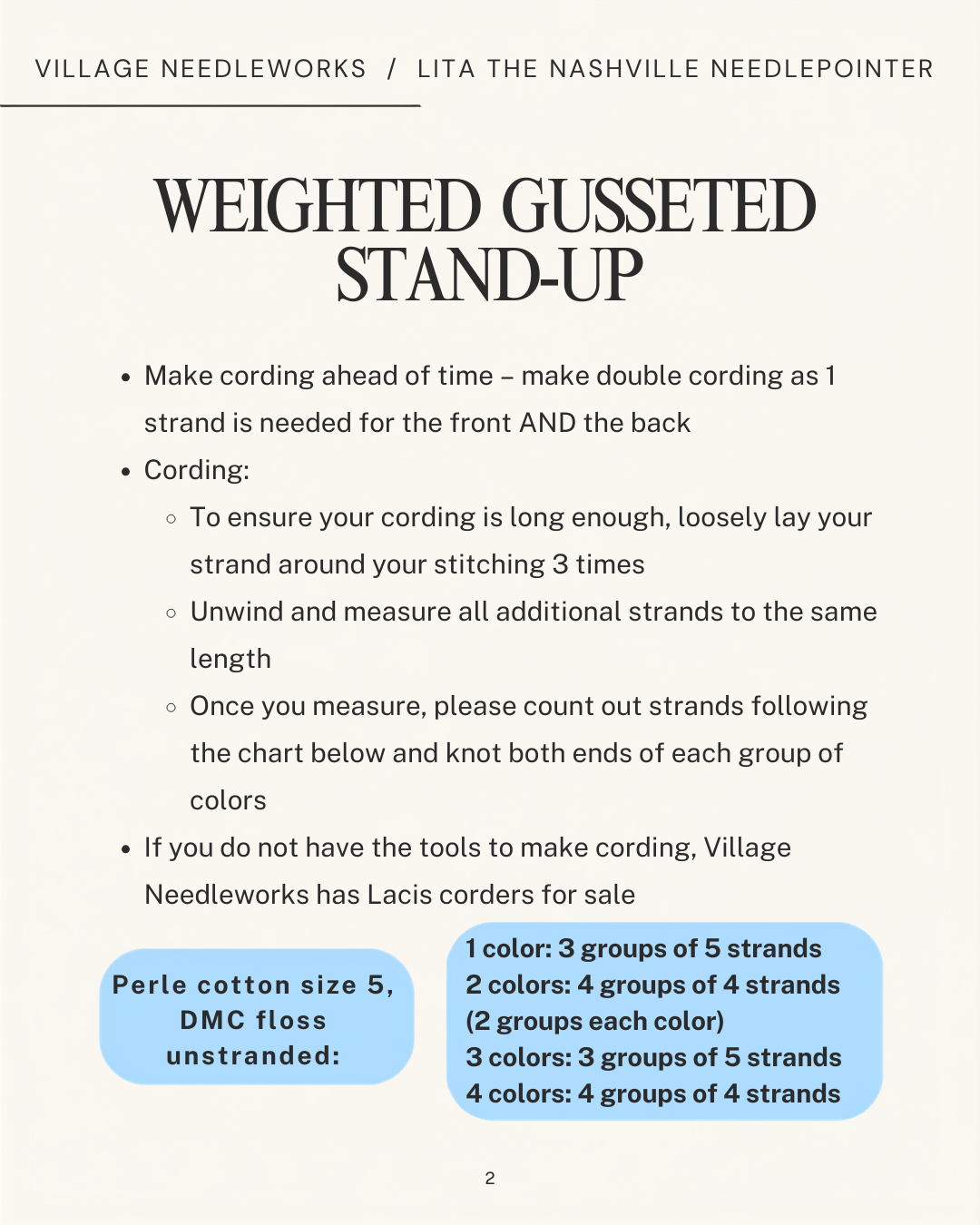 An informational graphic for Village Needleworks titled 'Weighted Gusseted Stand-Up' with cording instructions and color-strand grouping guidance on a light beige background.