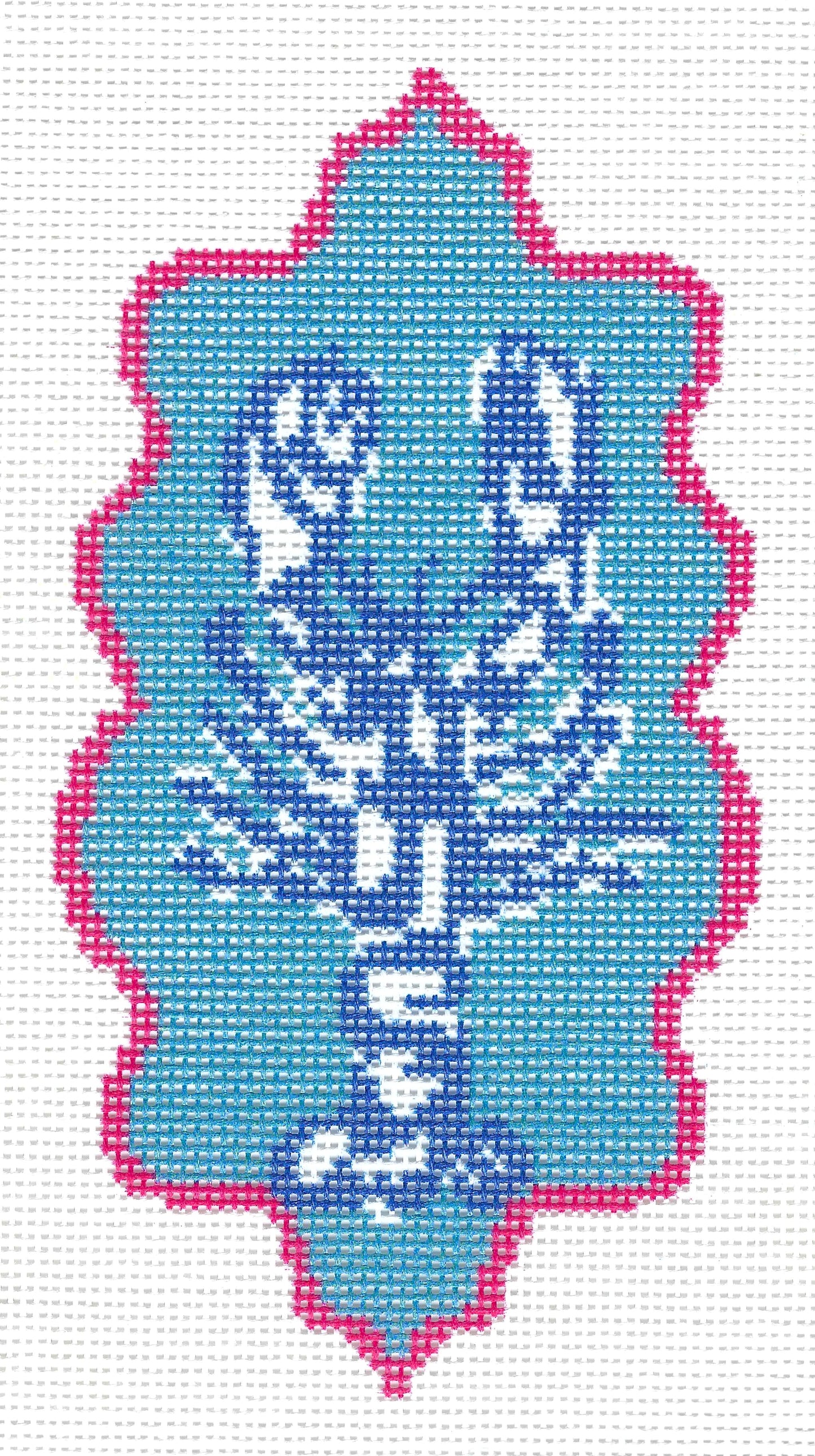 Threaded & Tipsy needlepoint canvas design featuring a lobster in blue and white, enclosed in a light blue shape with a pink border, on a white background.