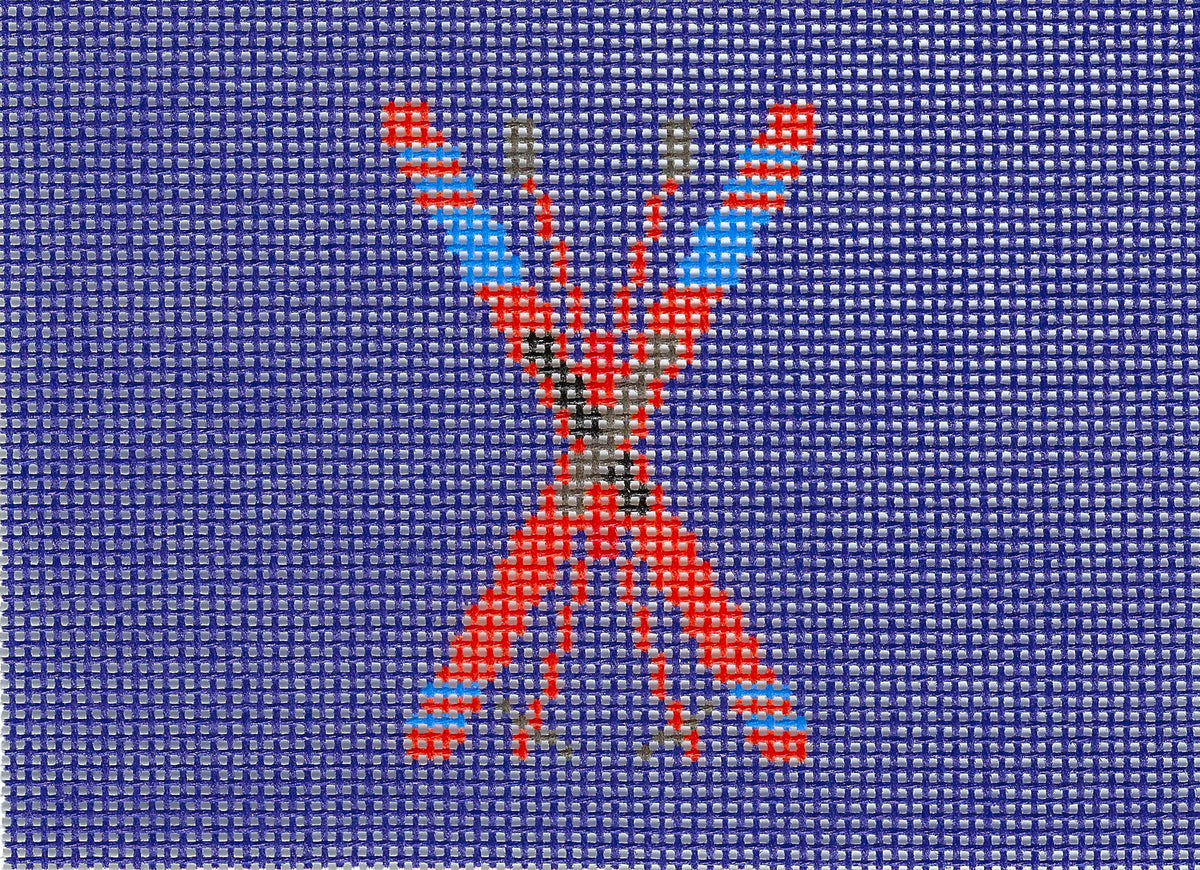 Needlepaint needlepoint canvas featuring red, blue, and gray skis and ski poles crossed at the center on a dark blue background.