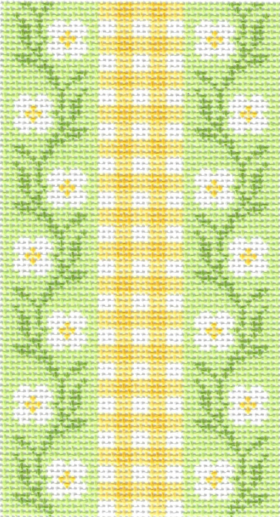 Maura Nolan needlepoint canvas of pattern with daisies on a green background