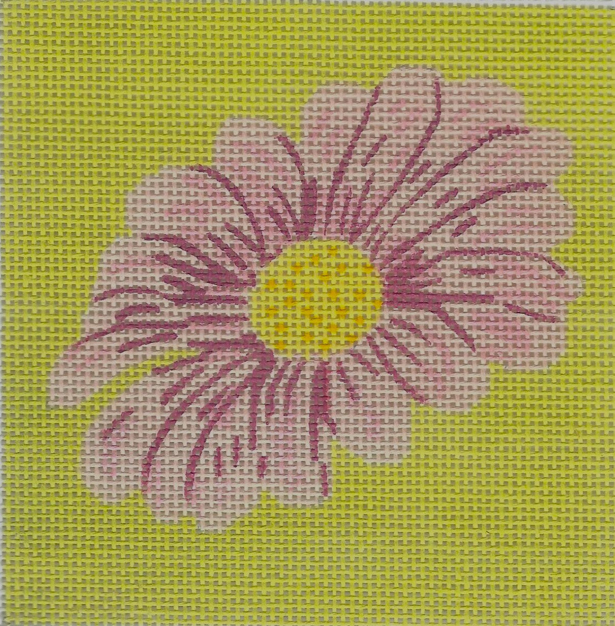 j. childs needlepoint canvas of pink daisy flower design on a yellow background