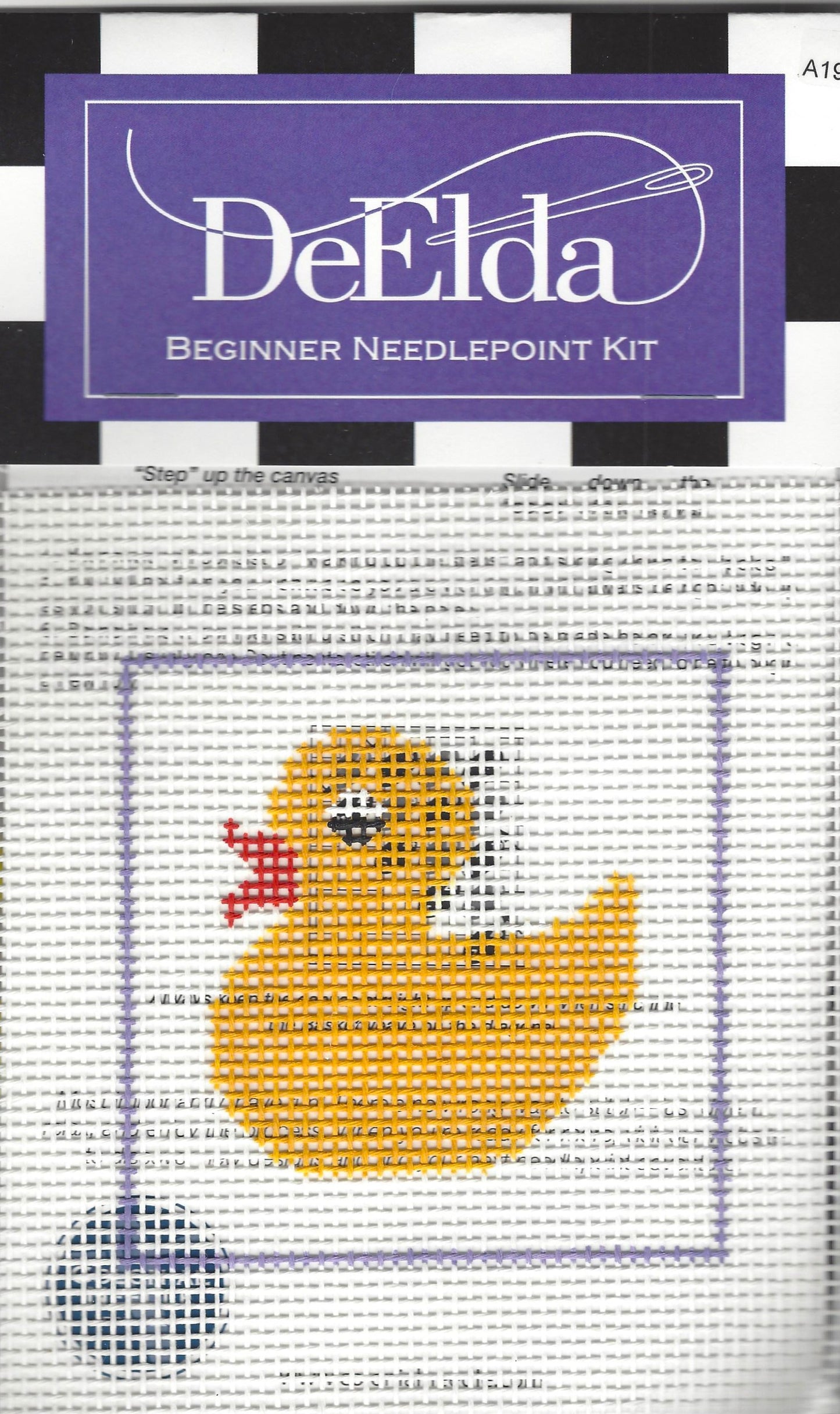 DeElda beginner needlepoint kit with a yellow rubber duck design on a white background