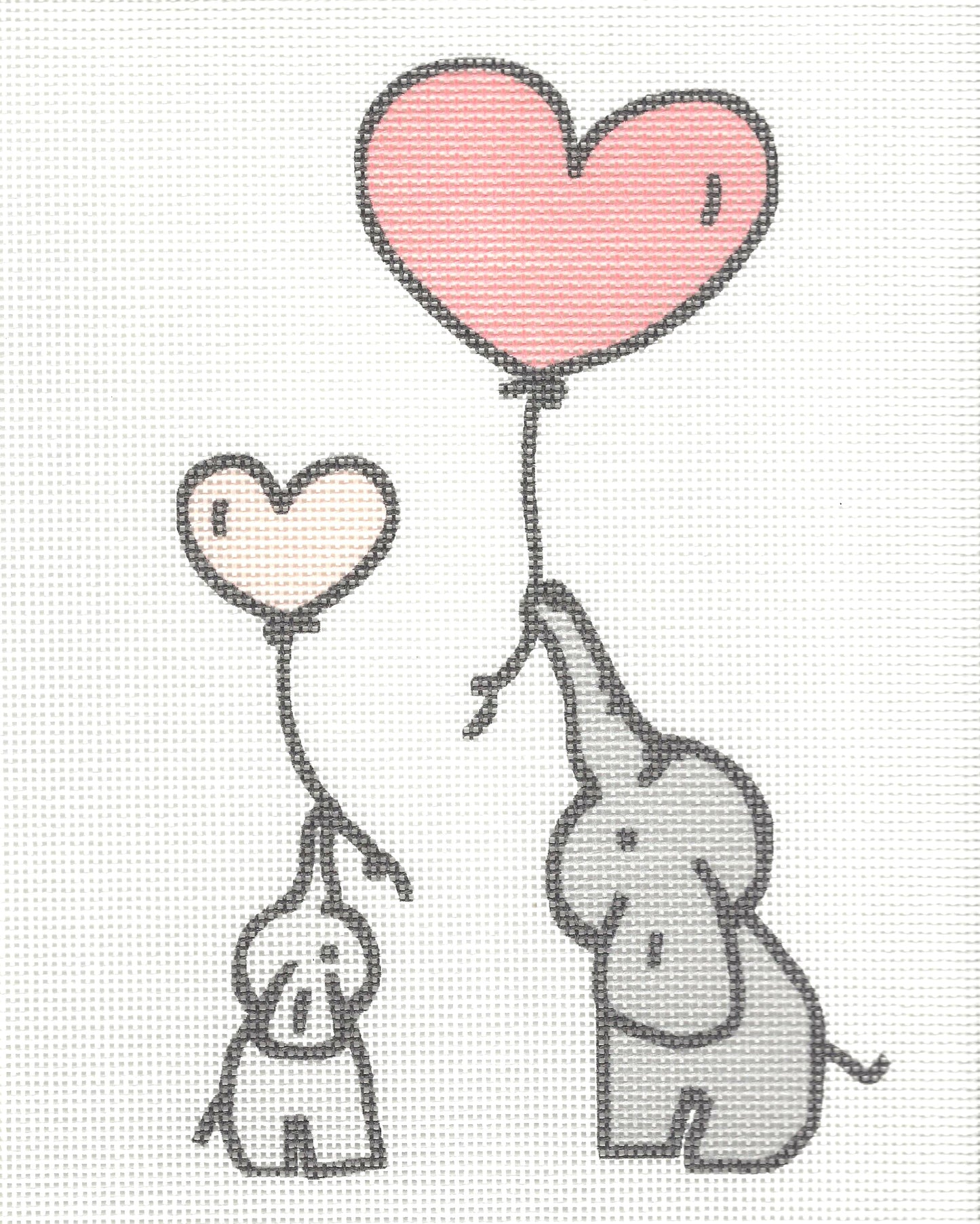Pepita needlepoint canvas of two elephants holding a heart-shaped balloon on a white background