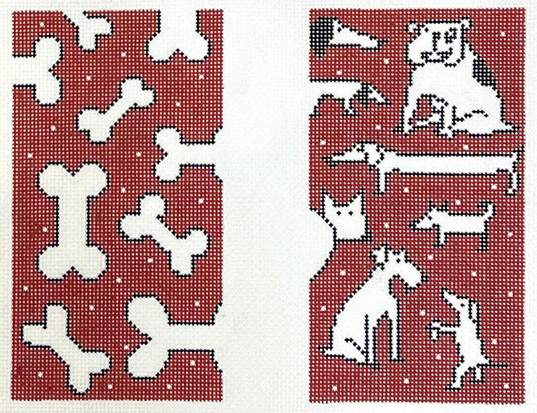 Blueberry Point Canvas eyeglass needlepoint canvas of one side with white dog bones on red background and other with dogs and red background
