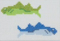Tilli Tomas Planet Earth needlepoint canvas of a green fish and a blue fish on a white background