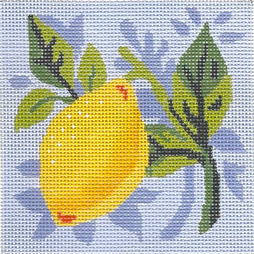 Abigail Cecile needlepoint canvas of lemon on a green branch with a light blue background.