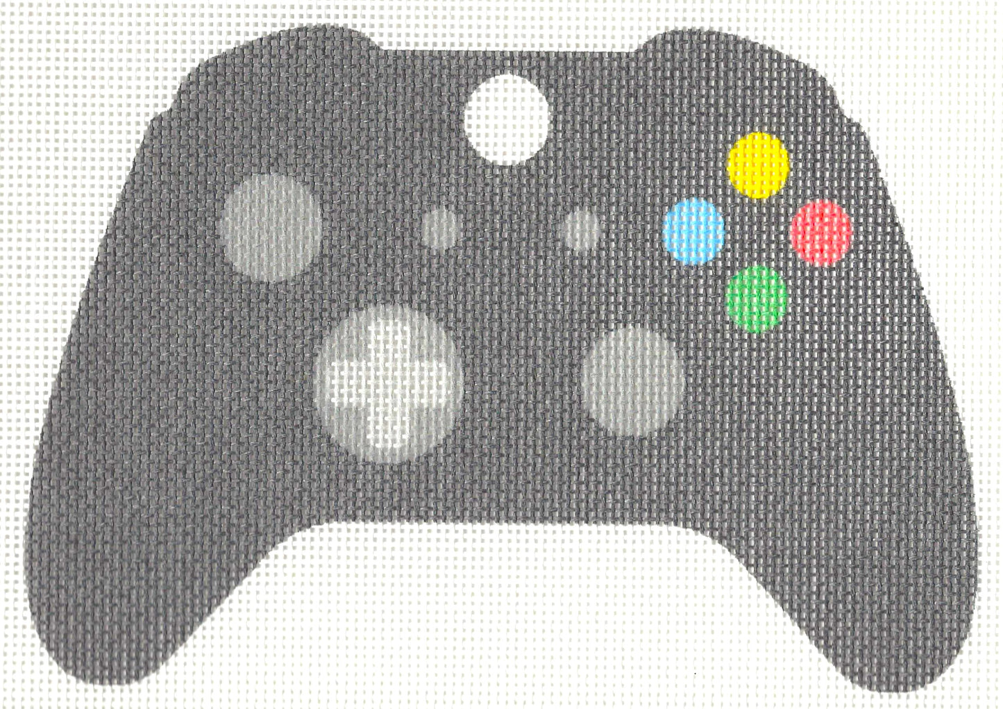 Pepita needlepoint canvas of black gaming controller with colorful buttons on a white background